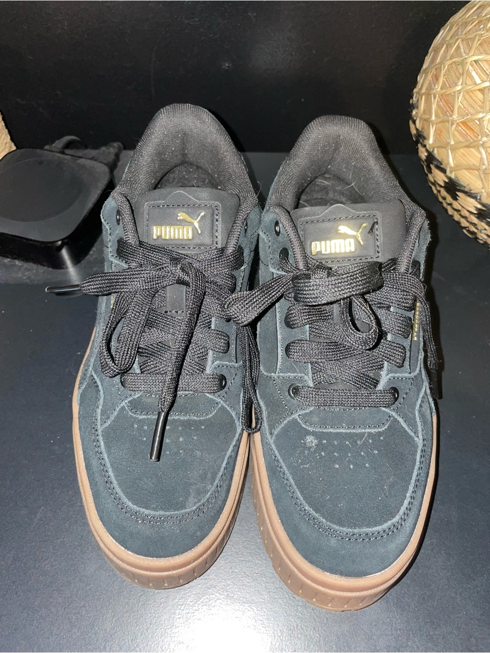 Puma Kids Black Suede Sneakers with Brown Gum Sole